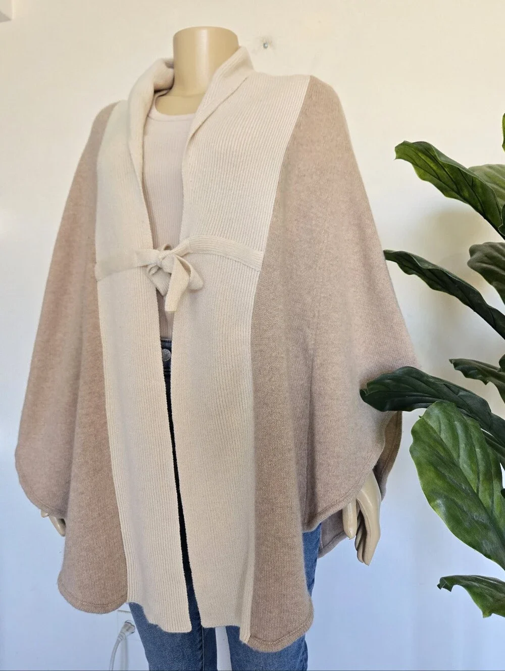 Evelyn Cashmere Wool Blend Colorblock Knit Poncho Cape Cardigan S/M Women's